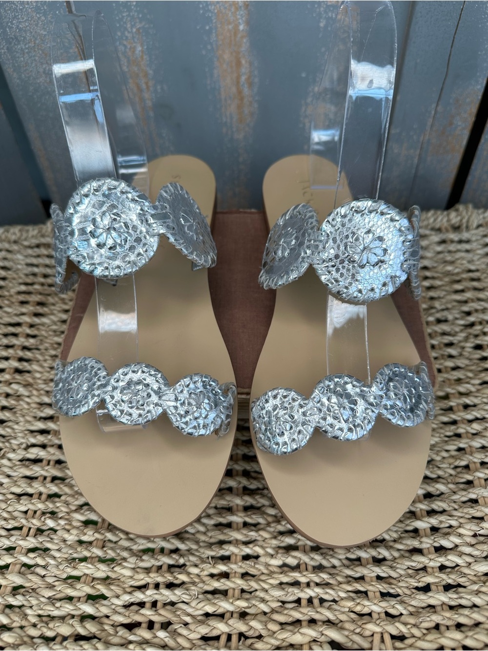 Jack Rogers Lauren Snake-Embossed Sandals Silver Sz 7.5 NWOB